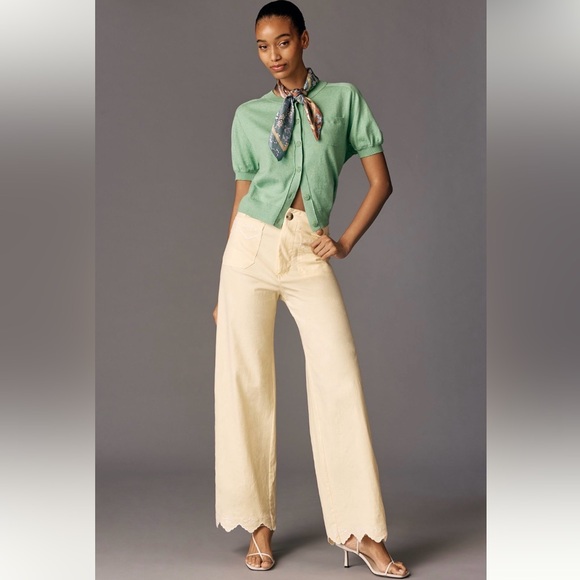 Anthropologie Colette Scalloped Yellow Wide Leg Pants NWT 34 Coastal Coquette